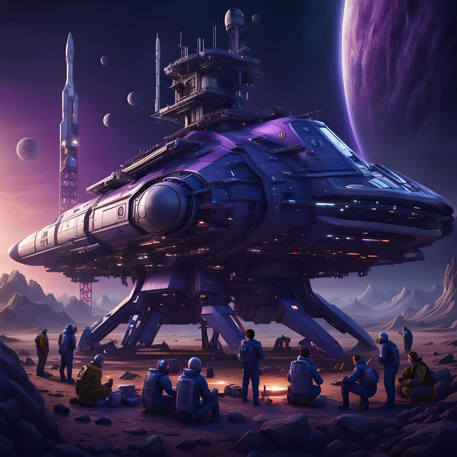 People Building Spaceship on Launchpad in Realistic Style