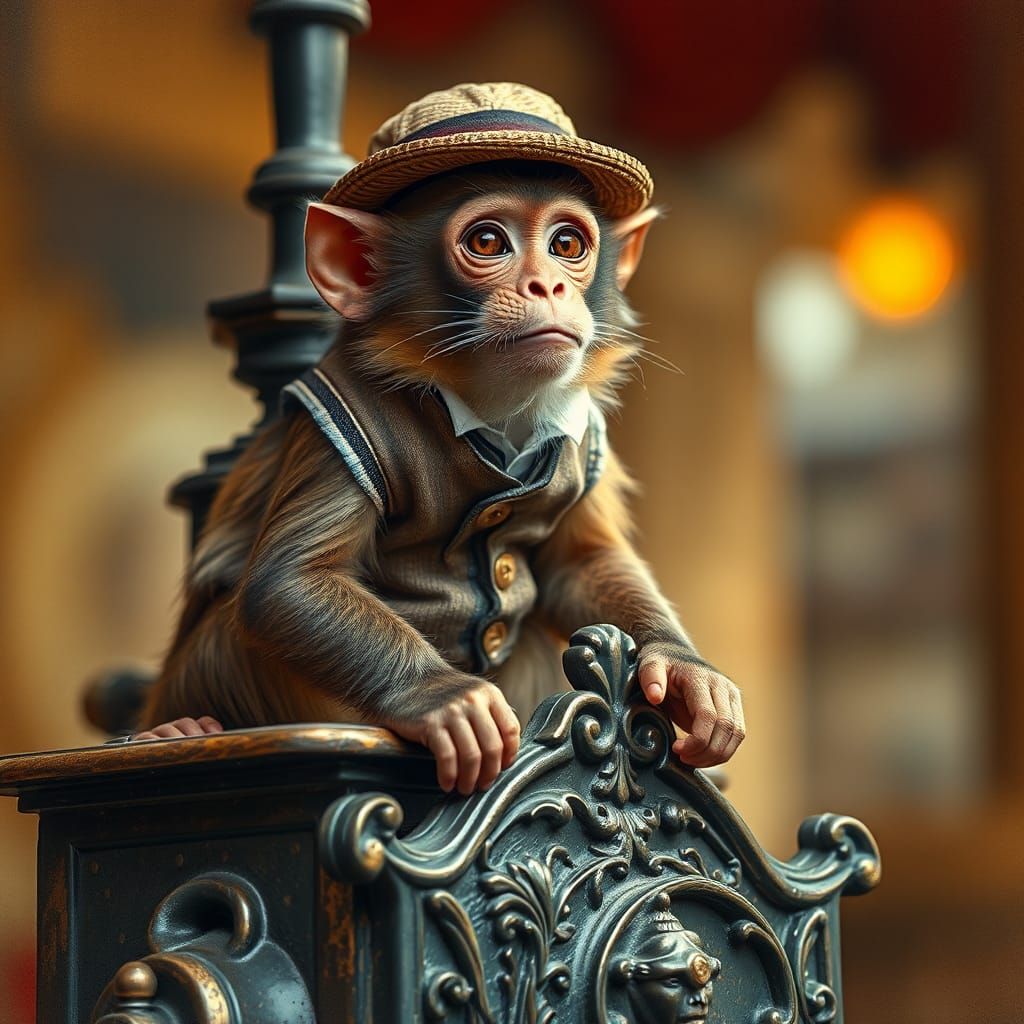 Capuchin Monkey Street Performer in Impressionist Style