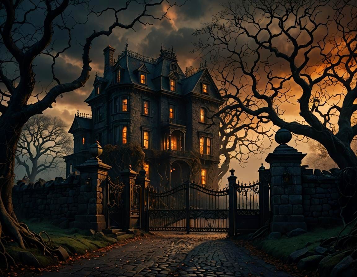 Dark Fantasy Victorian House with Twisted Trees