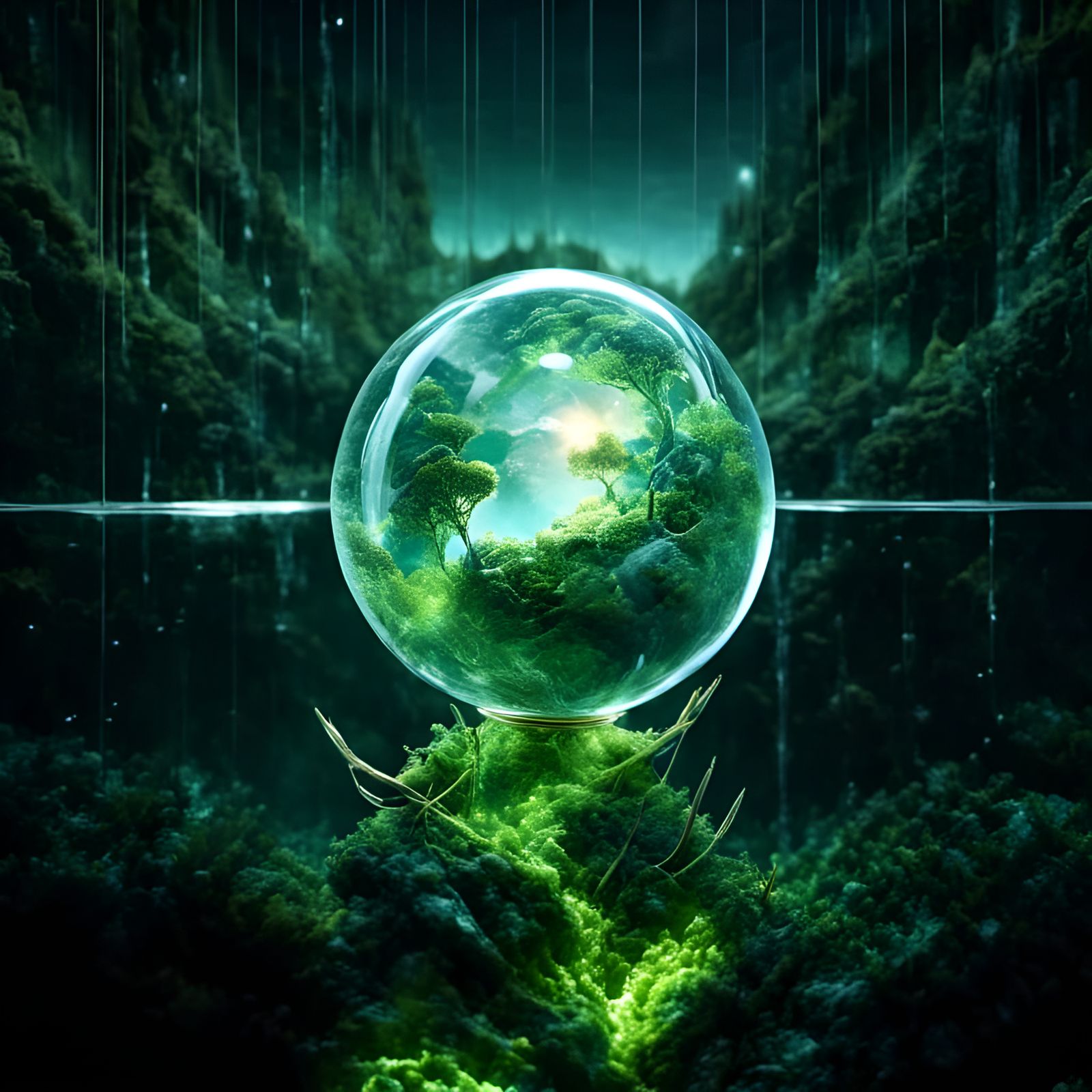 Transparent Ball with Eye and Cityscape, Digital Art