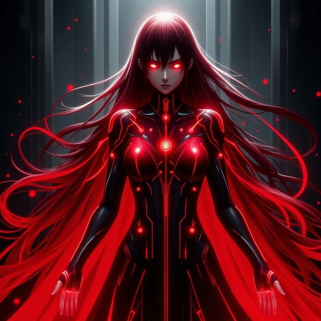 anime, fierce, elegant figure cloaked in flowing crimson, eyes glowing with restrained fury. Subtle blood-red energy coi...