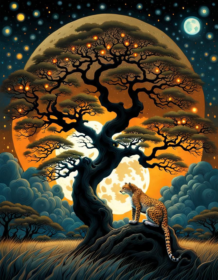 Leopard in Tree Overlooking Savannah, Neo-Impressionist Styl...