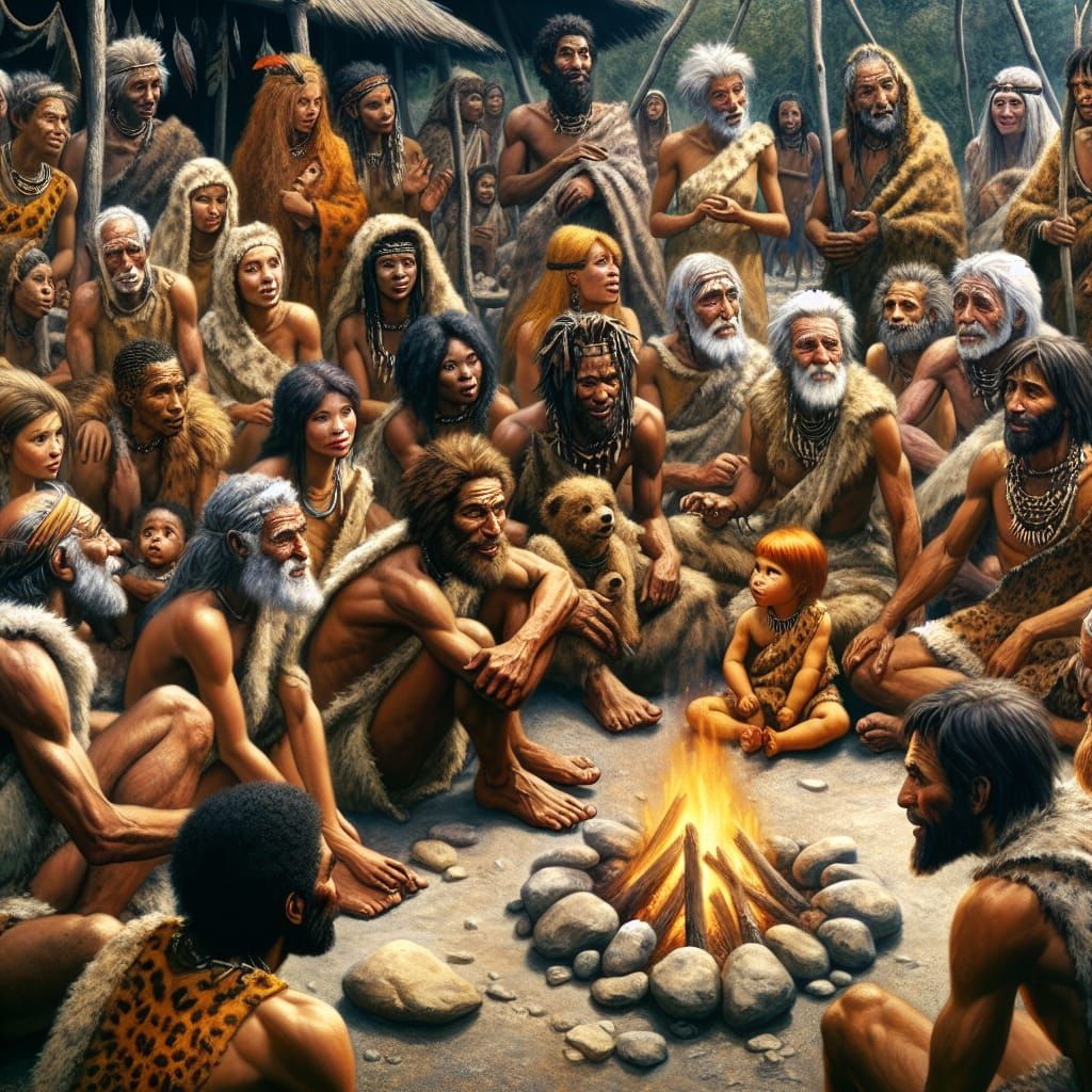 Prehistoric Tribe Sharing Stories Around Bonfire