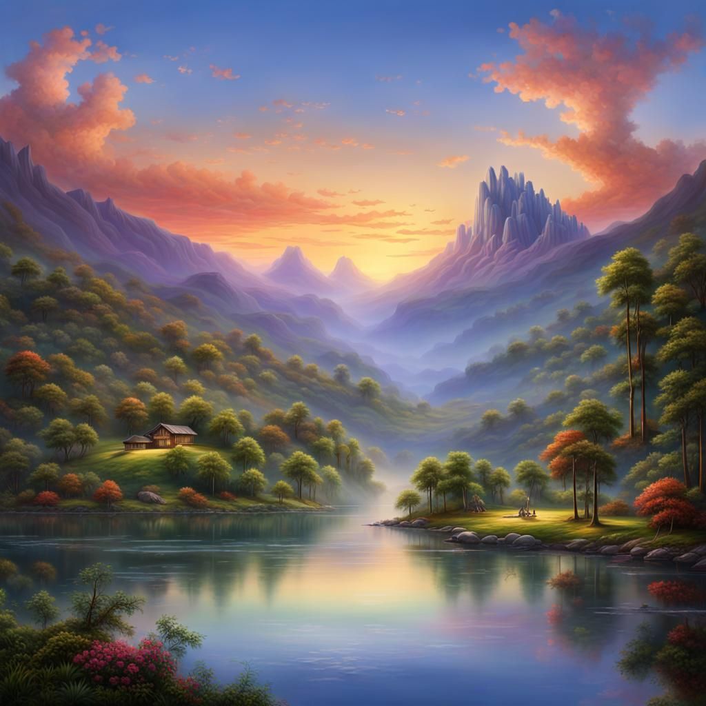 Tranquil Valley: Lake Reflects Vibrant Dawn