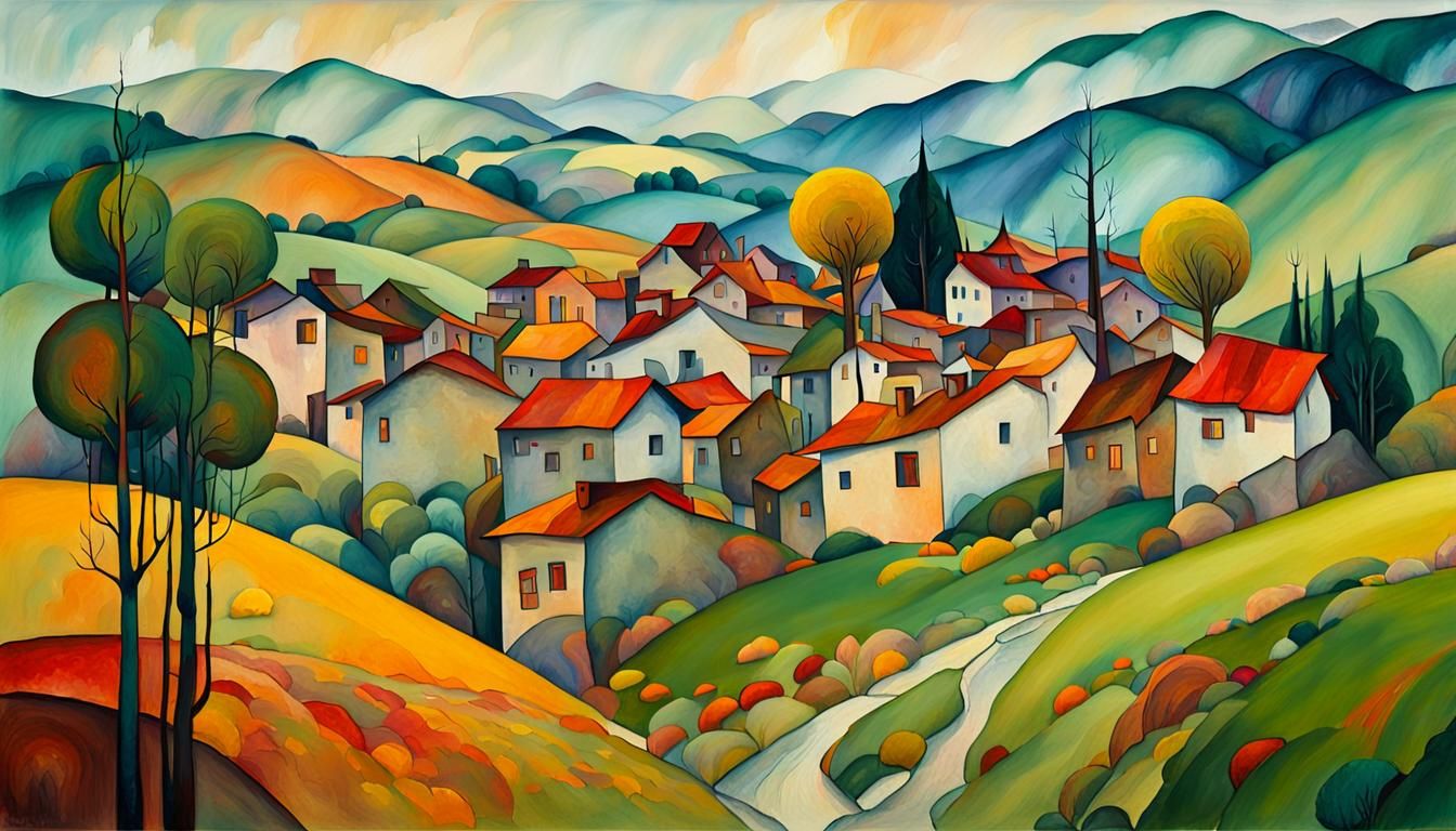 Expressionist Landscape with Dreamlike Trees and Hills