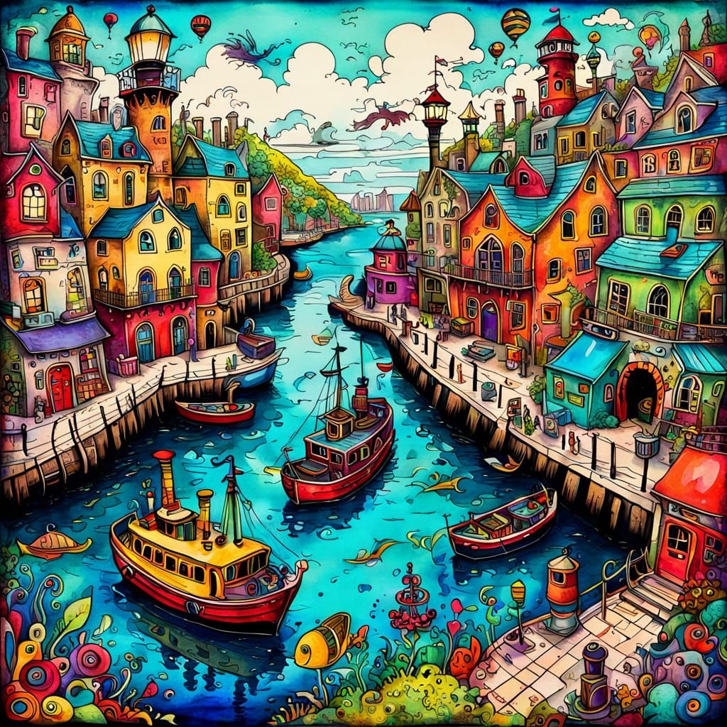 Whimsical English Harbour with Claymation Figures and Animal...