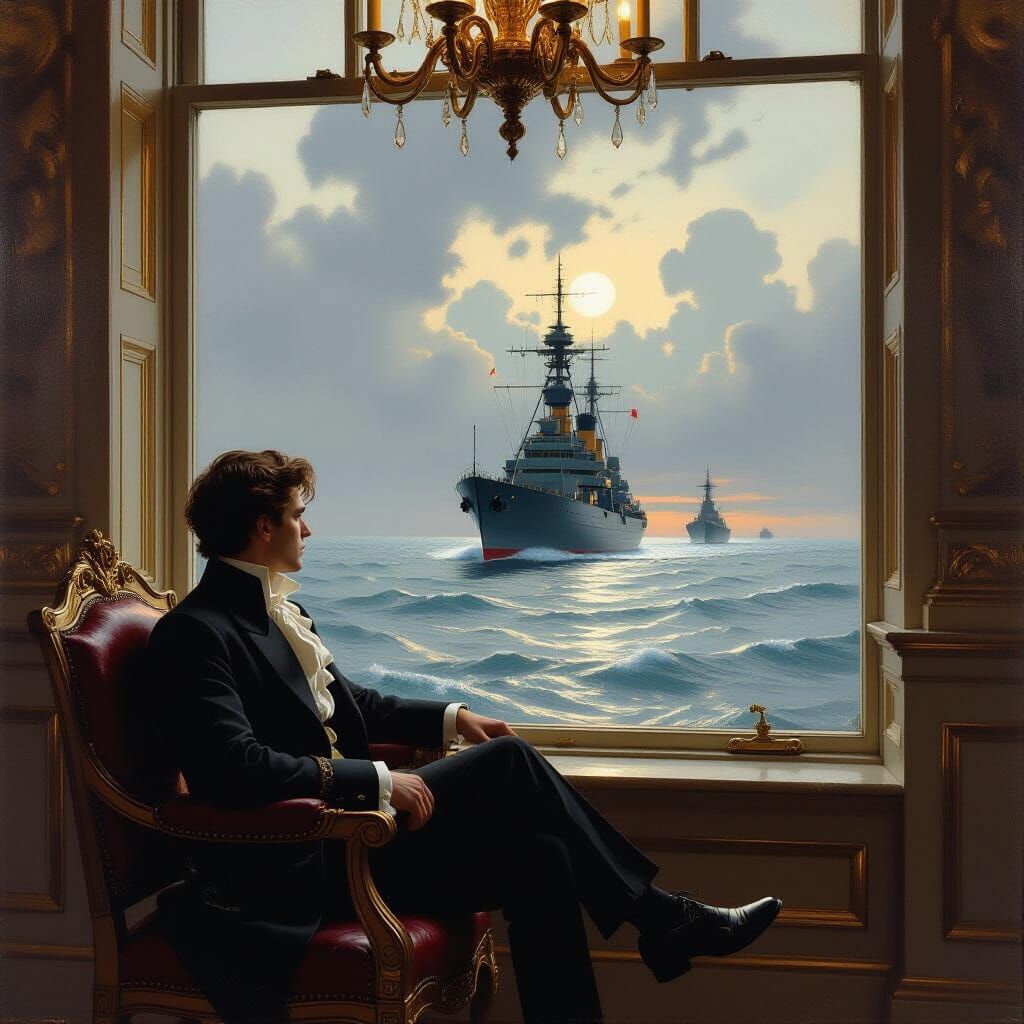 Man Gazing at Warship in Realist Style