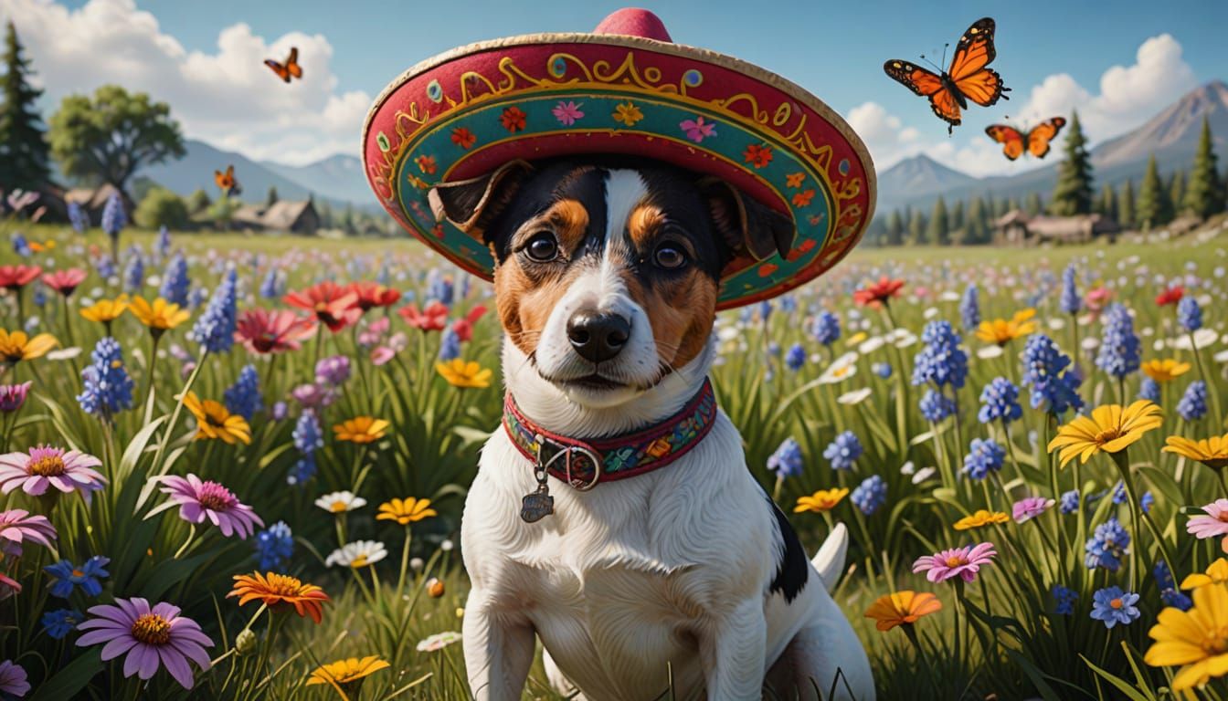Jack Russel Terrier with Sombrero in Wildflower Field