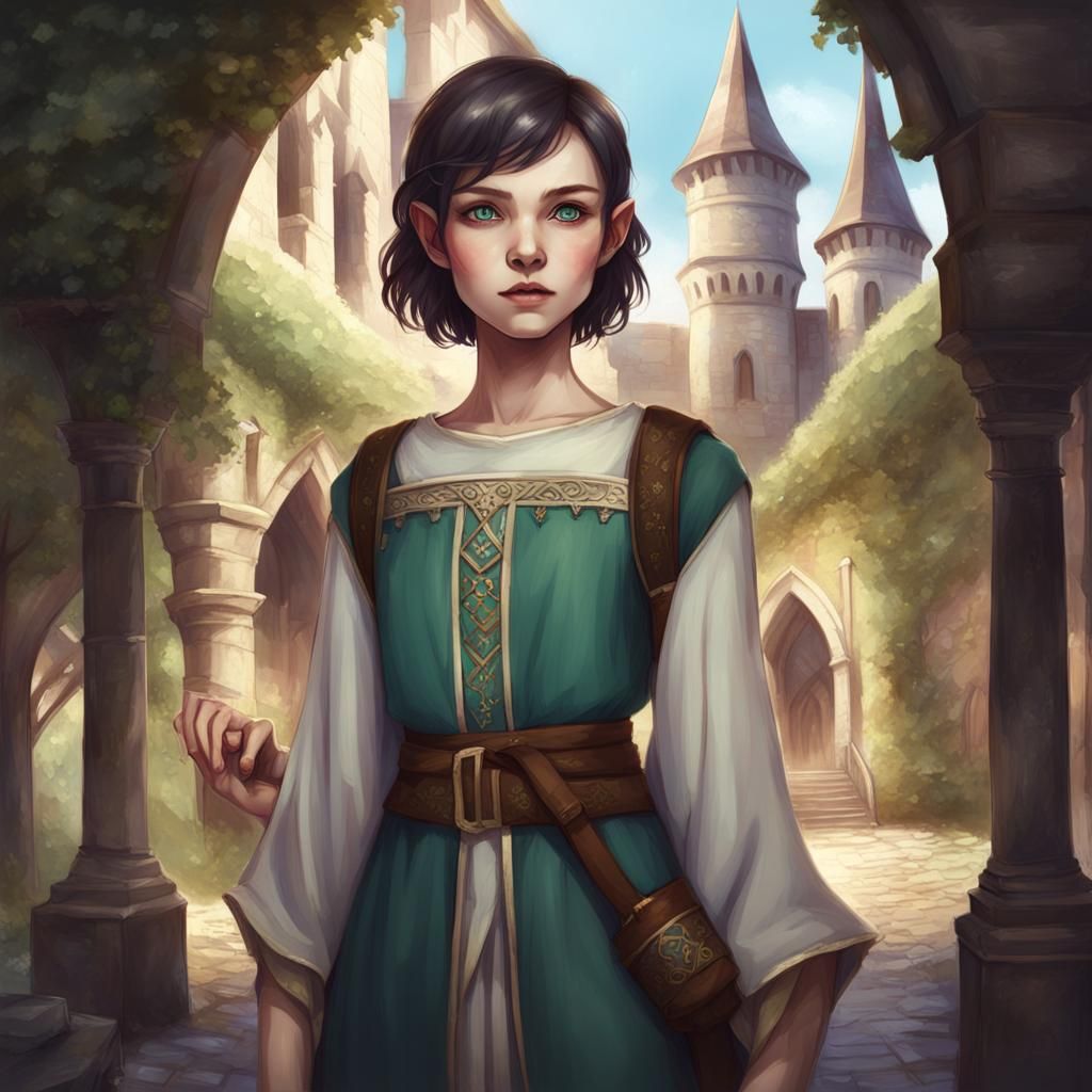 Trending On Artstation, Elf, Young teen, Female, Petite Build, Pale Skin, Teen, Dark short hair, Round Face, Wide Eyes, ...