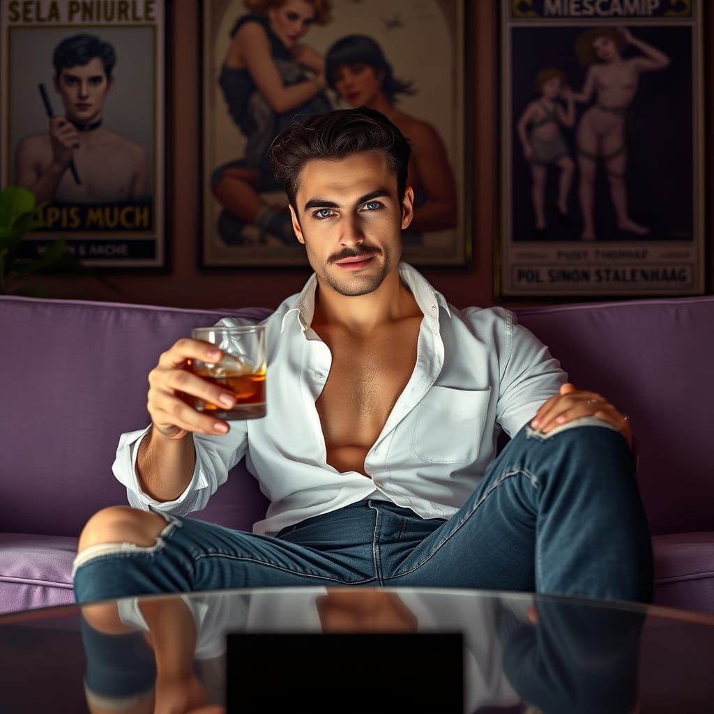 Handsome Man Relaxing on Sofa with Drink