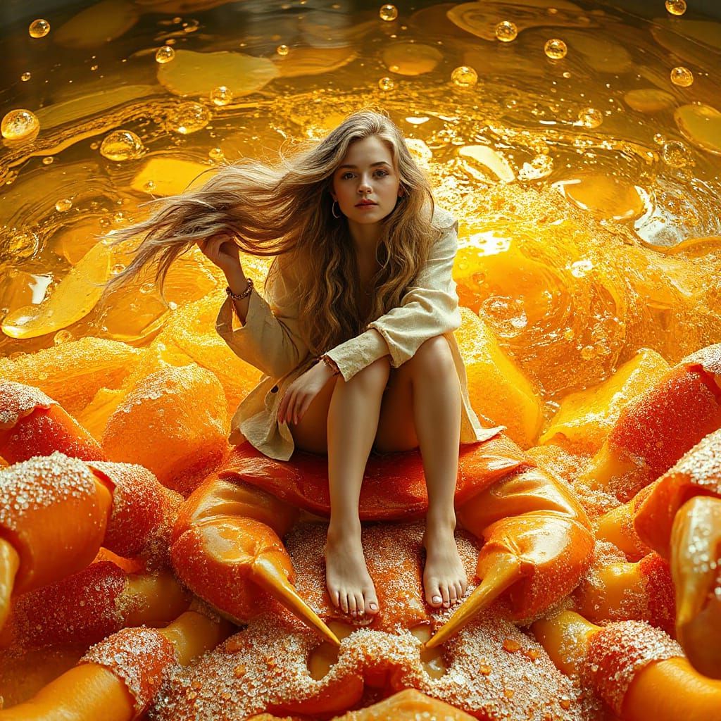 Woman on Gummy Crab in Dreamlike Soda Sea