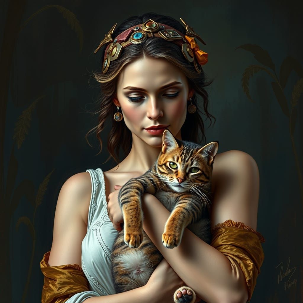 Surreal Portrait of Woman Holding Cat in Muted Colors