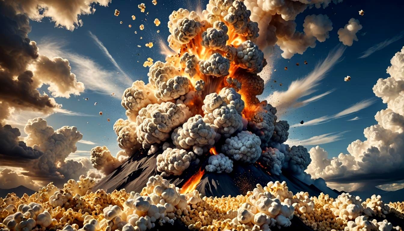 Surreal Volcano Erupts with Popcorn Clouds and Golden Kernel...