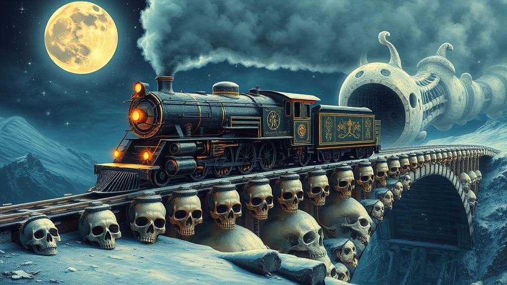Surreal Bone Bridge Train in Mystical Realism
