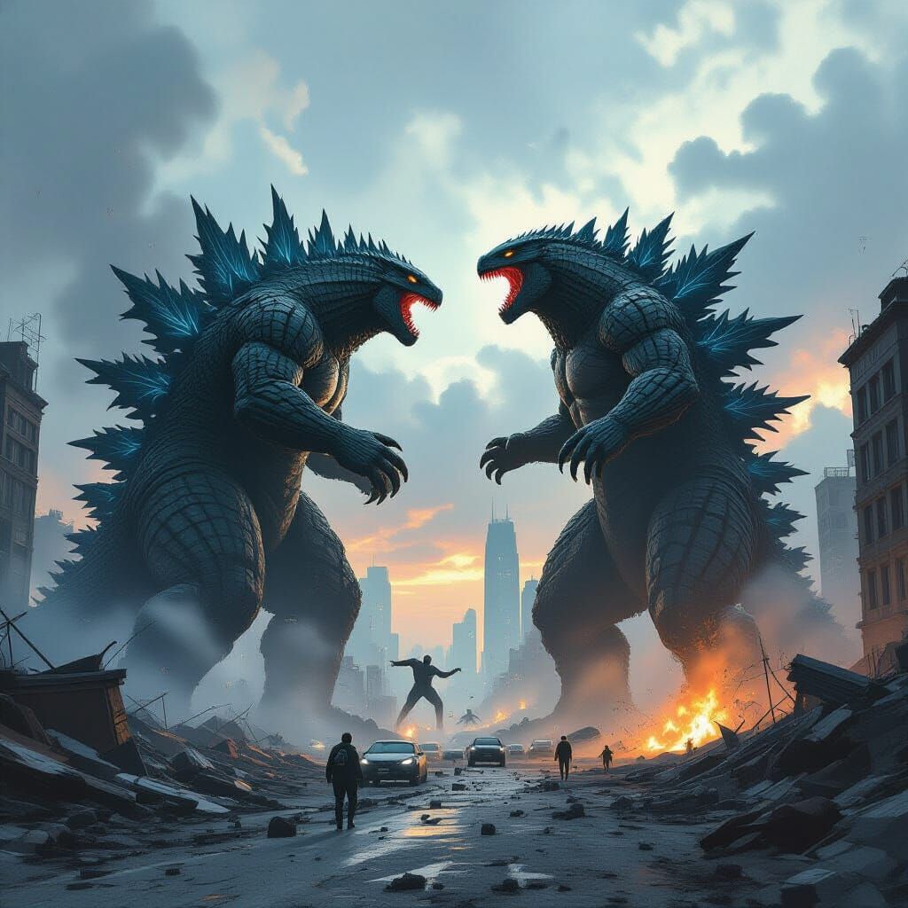 Giant Monsters Battle in Ruined City