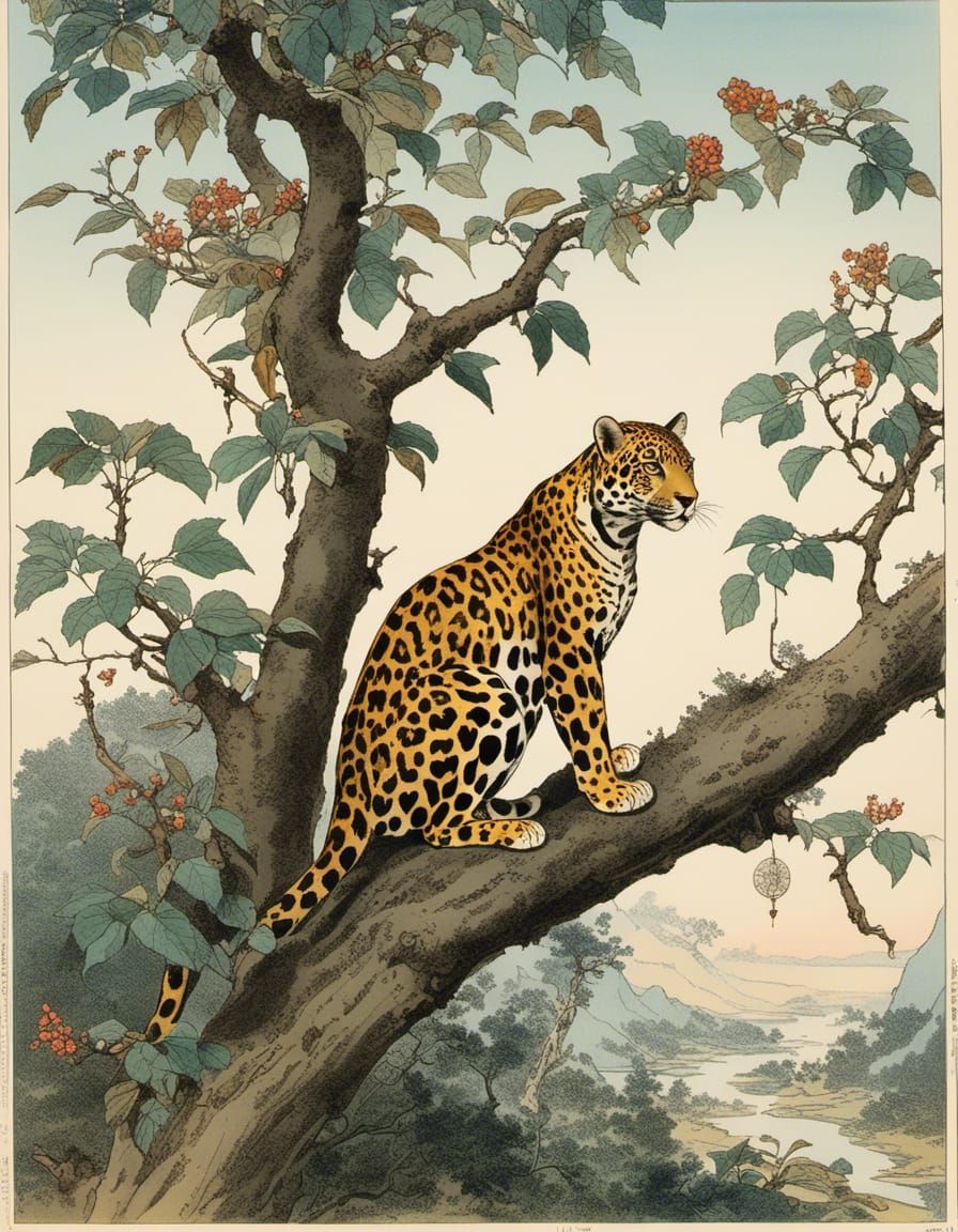 Vintage Ink Drawing of Jaguar on Tree Branch