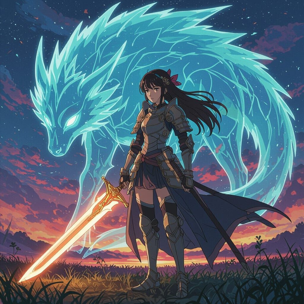 Anime Girl, Mystical Beast, and Glowing Sword