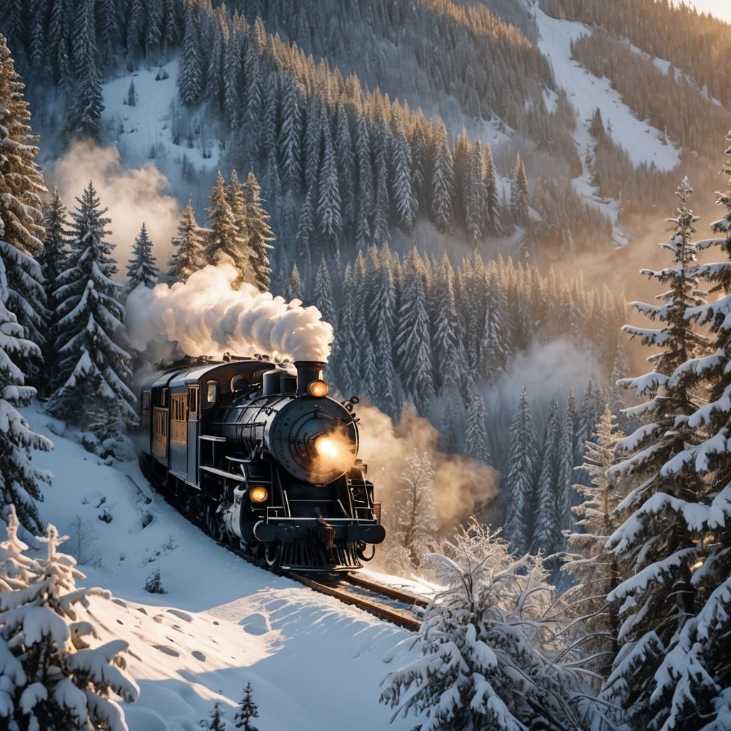 Steam Train Ascending Snowy Mountain at Dusk