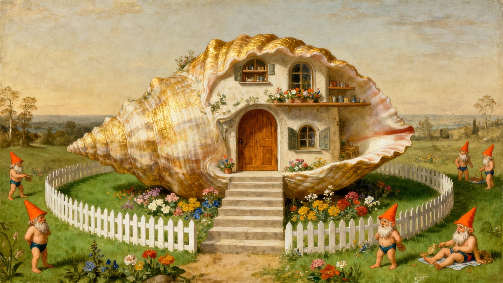 Gnome Home Inside Giant Clam Shell, Renaissance Style