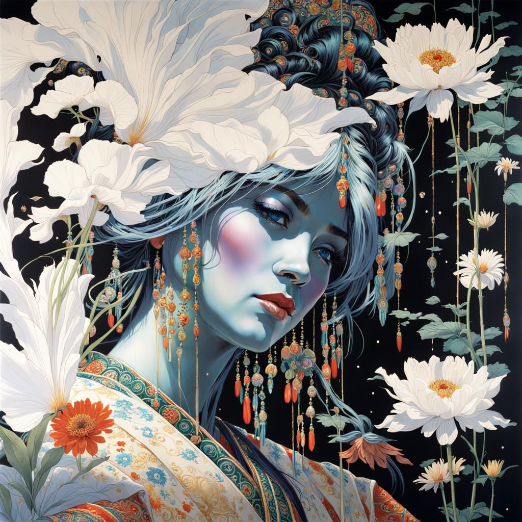 Hyper Detailed Geisha Goddess in Vibrant Fantasy Landscape