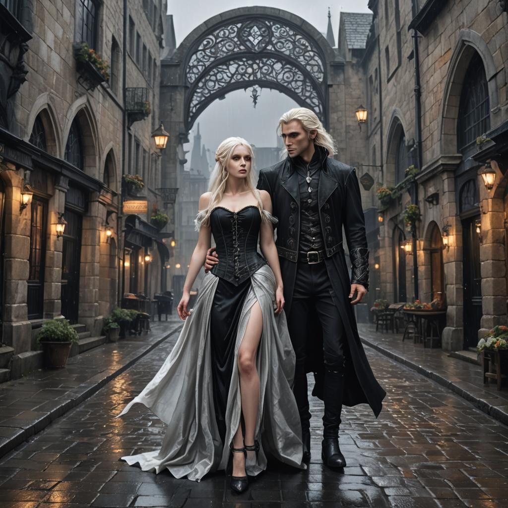 Romantic Gothic Elf Embrace on Rainy Street