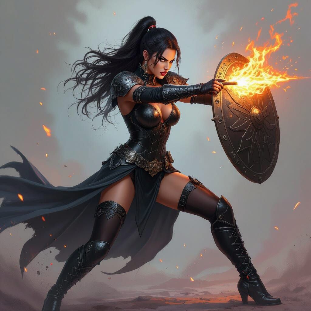 Warrior Woman in Dragon Armor Shooting Flames