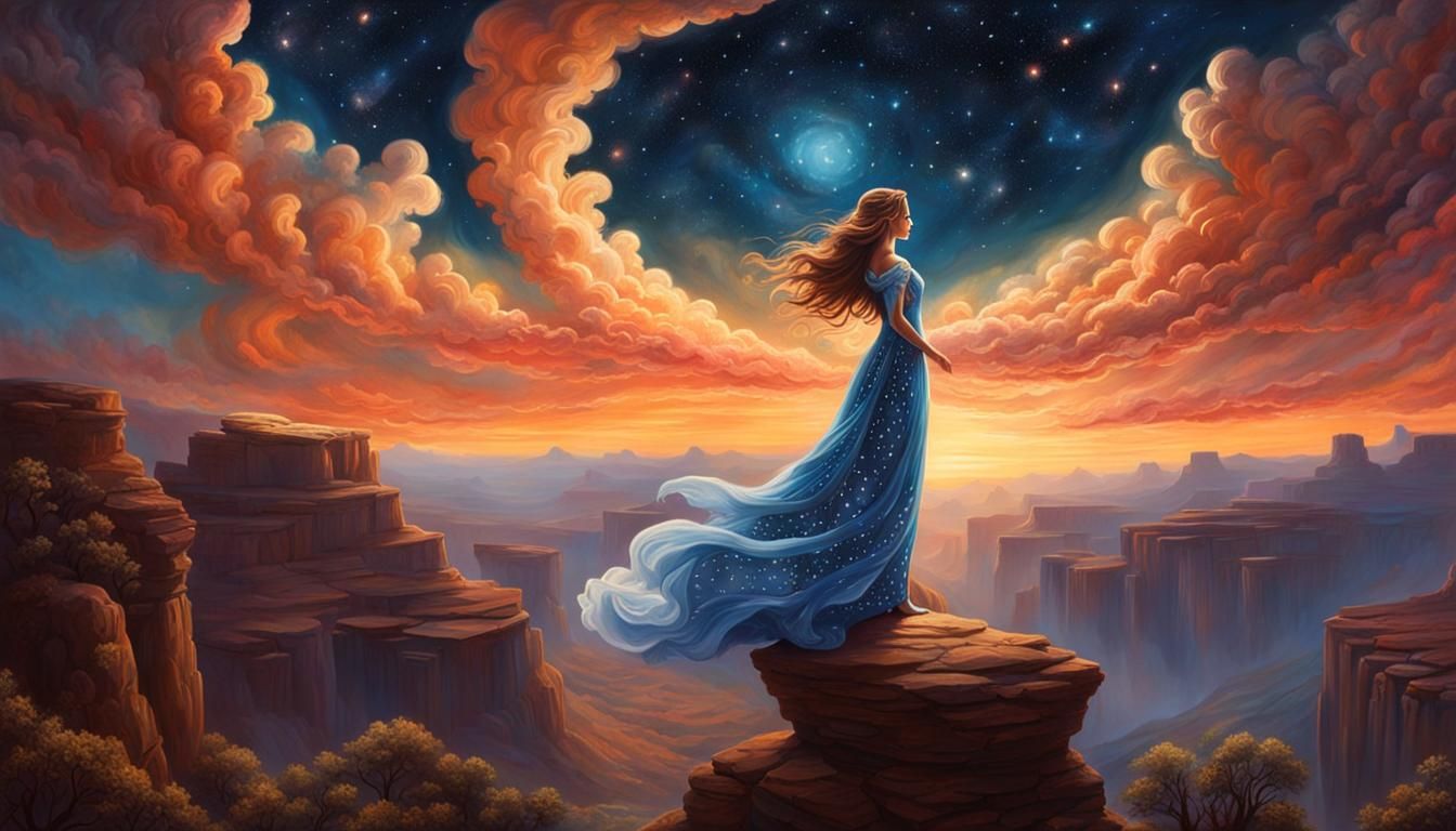 Dancing Cloud Girl in Moonlit Canyon Painting