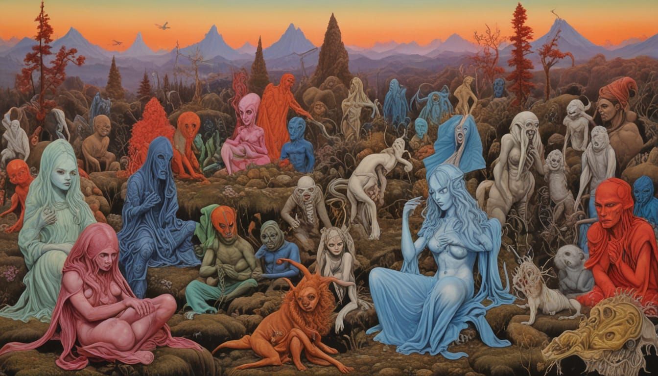 Surreal Fantasy Painting of Fallen Angels in a Land of Broke...