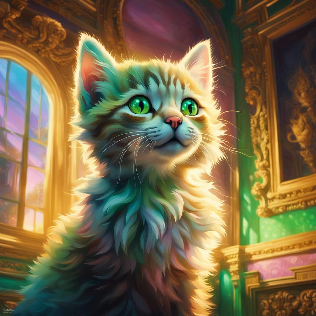 Curious Kitten Portrait in Ornate Room, Stylized Realism