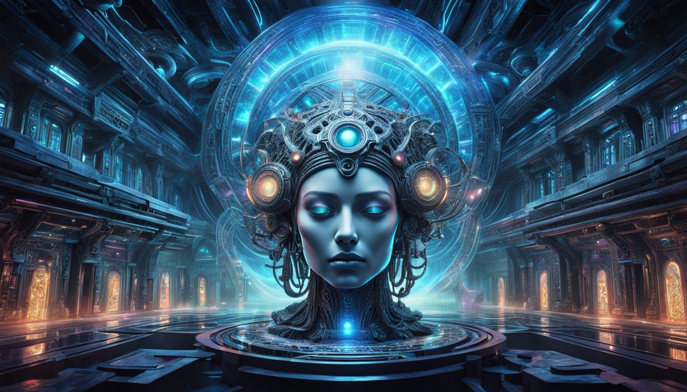 Cybernetic Woman Emerging from Mist in Steampunk Style