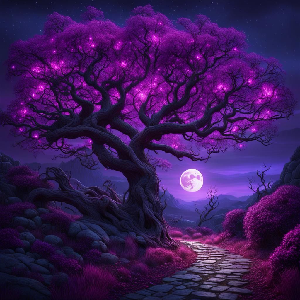 Moonlit Path with Colorful Lights, Fantasy Art