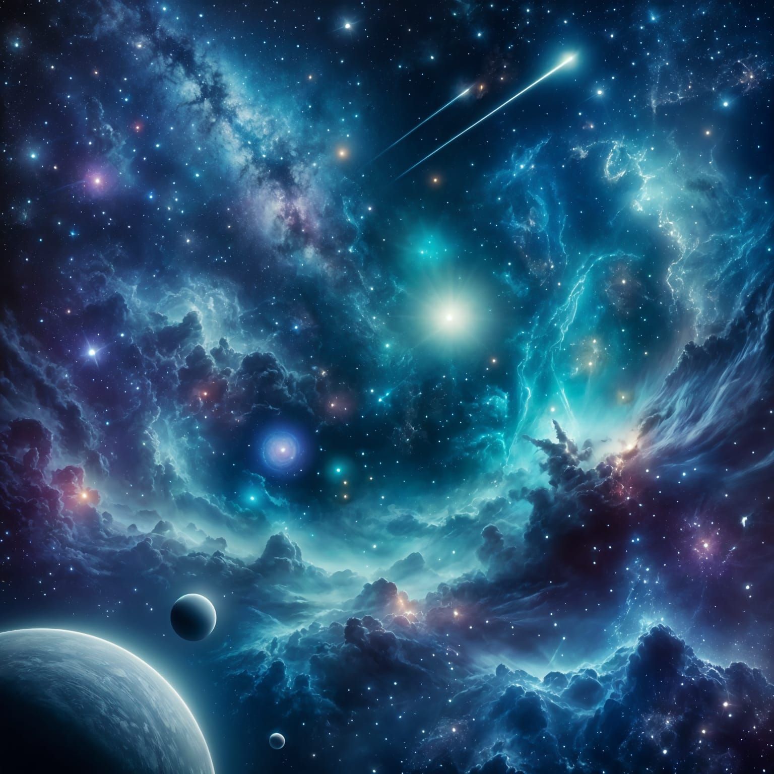Serene Interstellar Scene with Nebulae and Planets