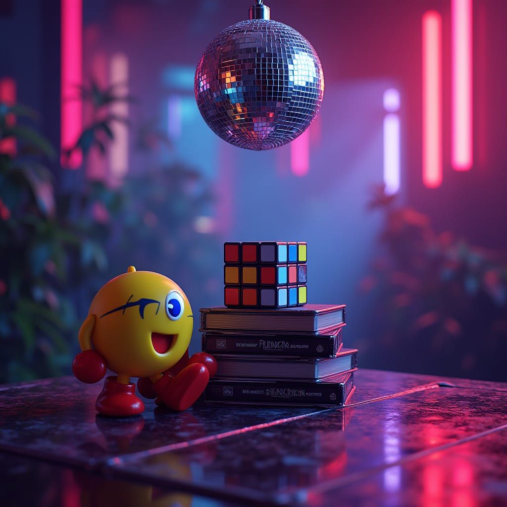Retro Futuristic 80s Scene with Mirrorball, Pac-Man, and Rub...