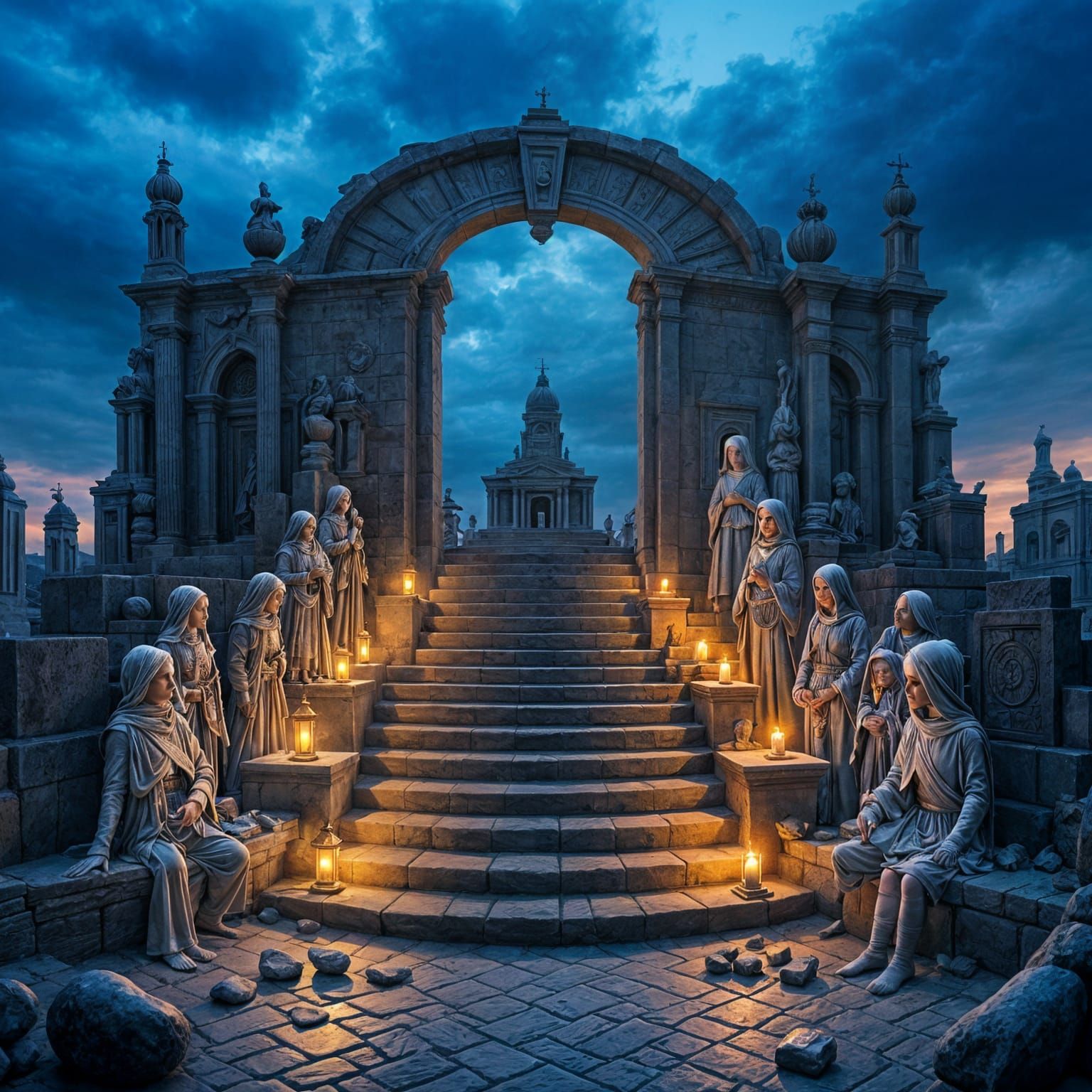 Circular Stone Grandstand with Skeletons and Lanterns