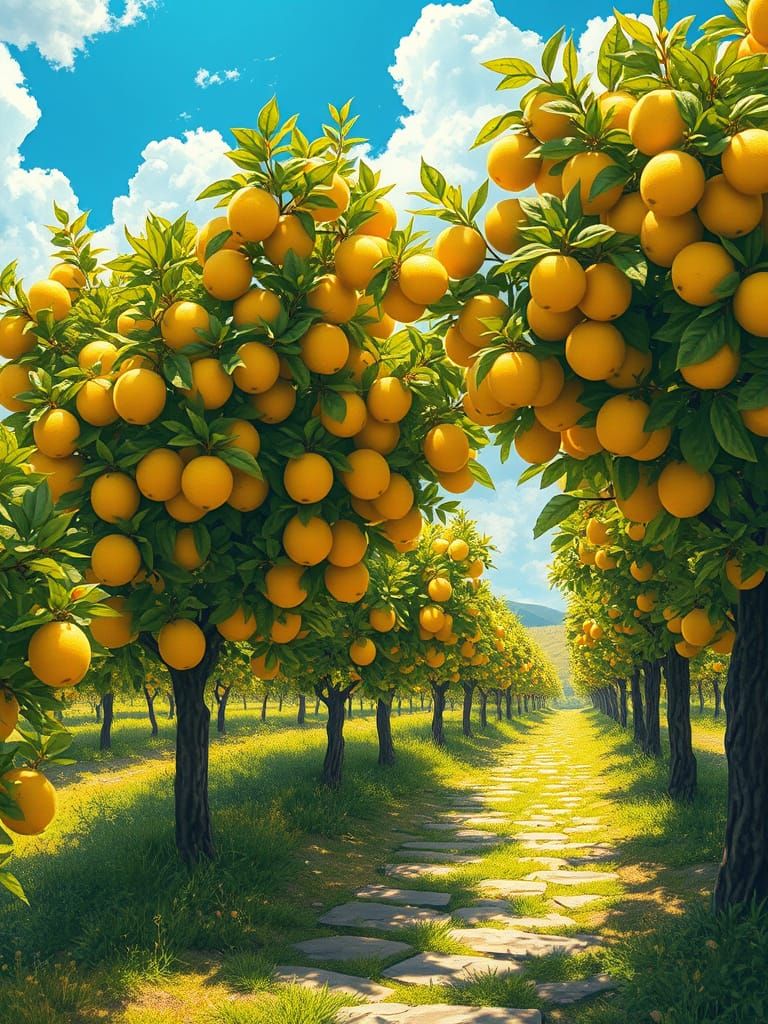 Sunlit Lemon Orchard Digital Painting