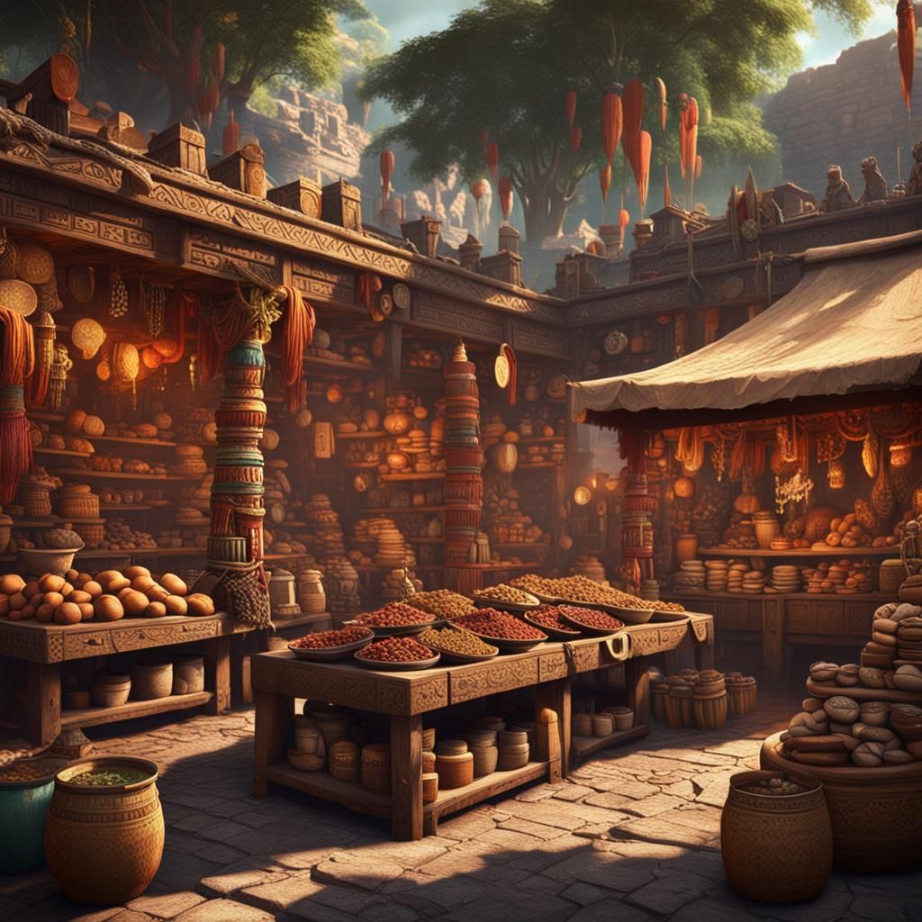 Ancient Aztec Market: Detailed Matte Painting