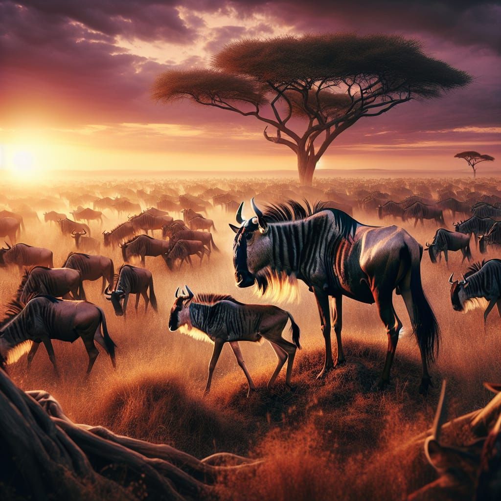 African Savannah Sunrise: Wildebeest Mother and Calf