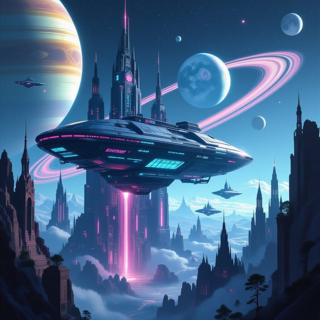 Cyberpunk Gothic Orbital Station with Cyborgs Amidst Saturn