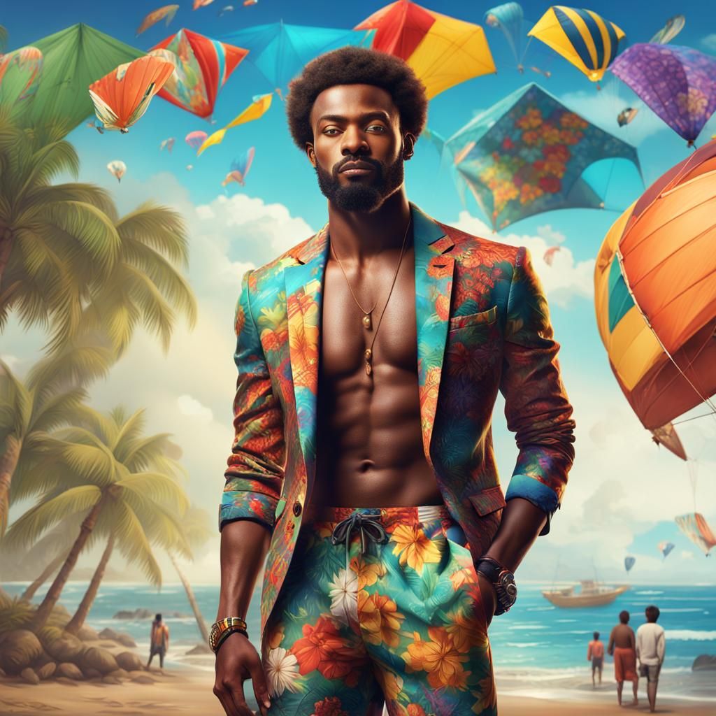 Attractive Man with Floral Blazer on Beach