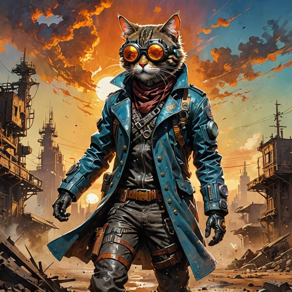 Cybernetic Cowboy Cat Duel at Sunset