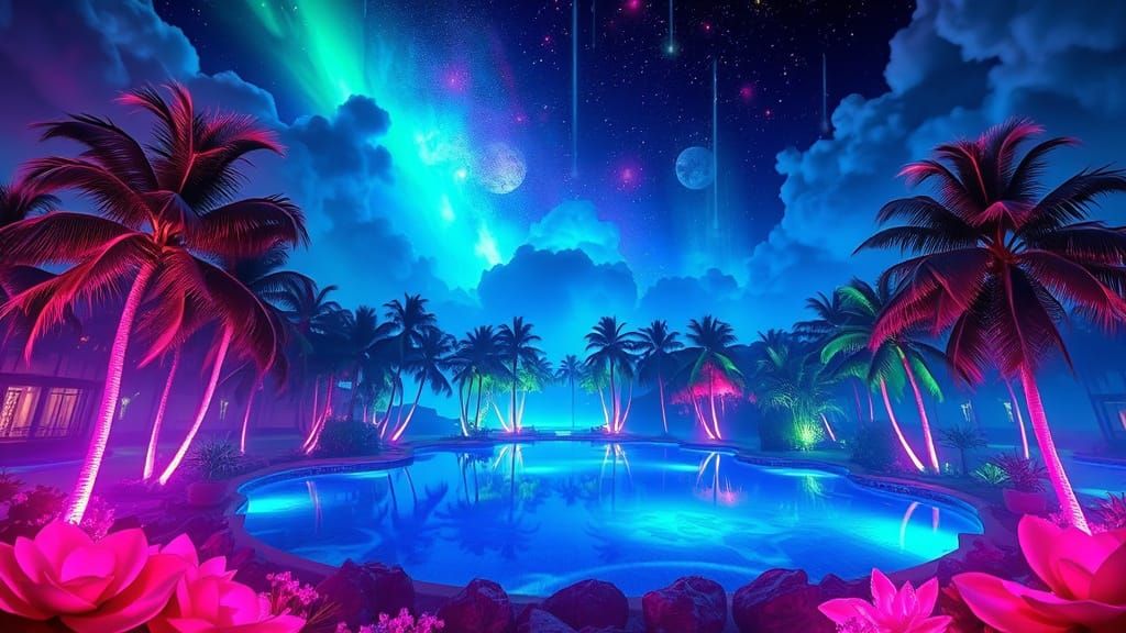 Bioluminescent Oasis with Neon Meteors in Hyperreal Style