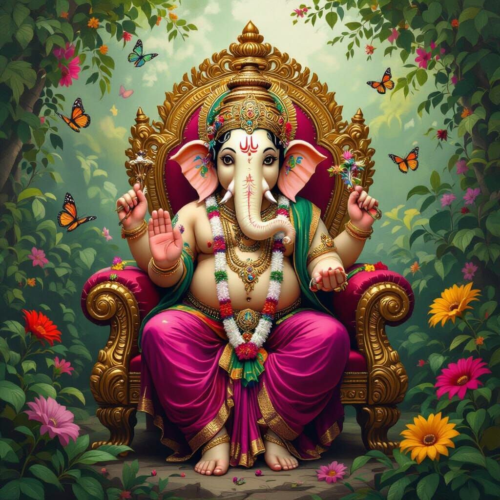 Ganesha on Ornate Throne in Lush Garden