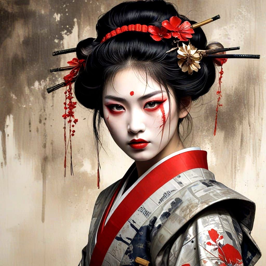 Sumi-e Geisha Warrior in Samurai Armor