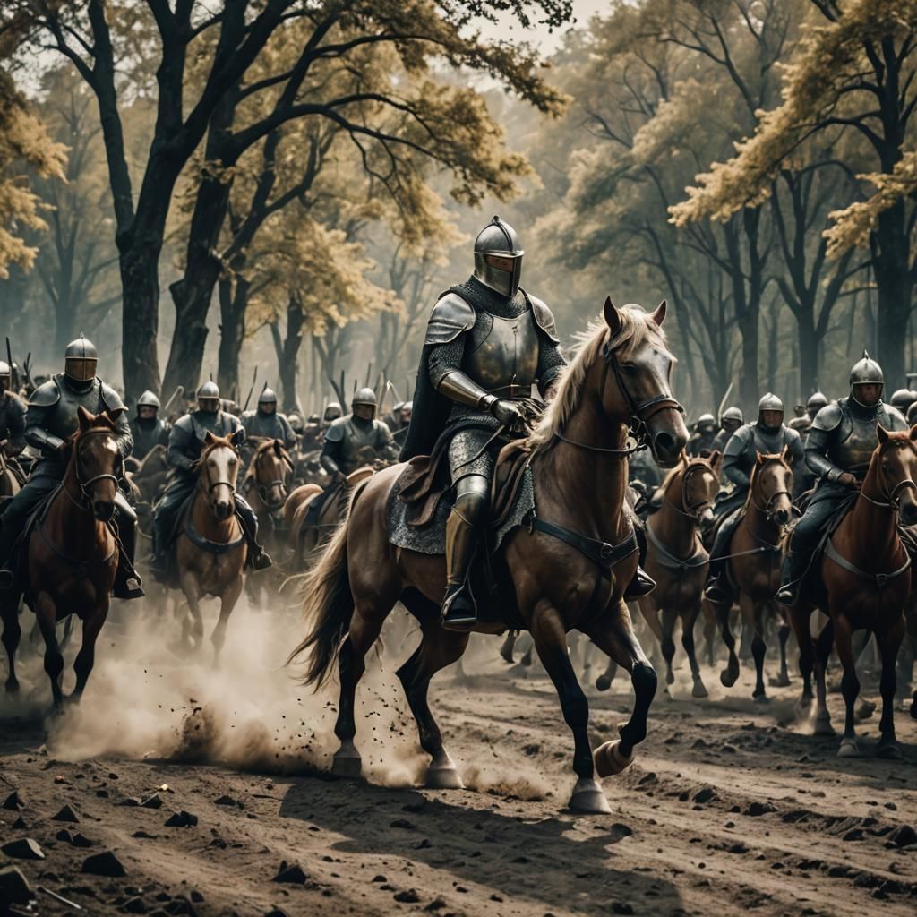 Epic Knight on Horseback in War Film Still
