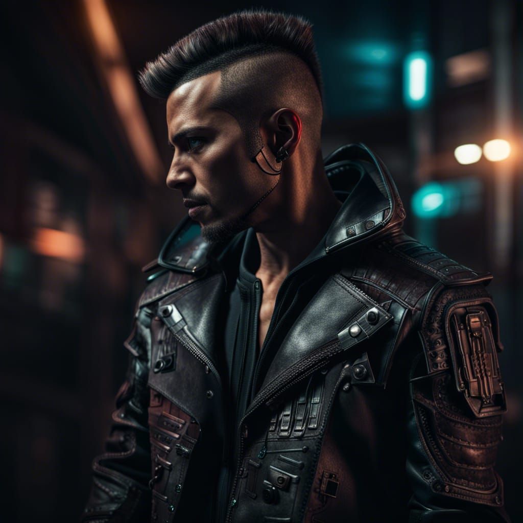 Cyberpunk Male in Leather Jacket: Hyperrealistic Detail