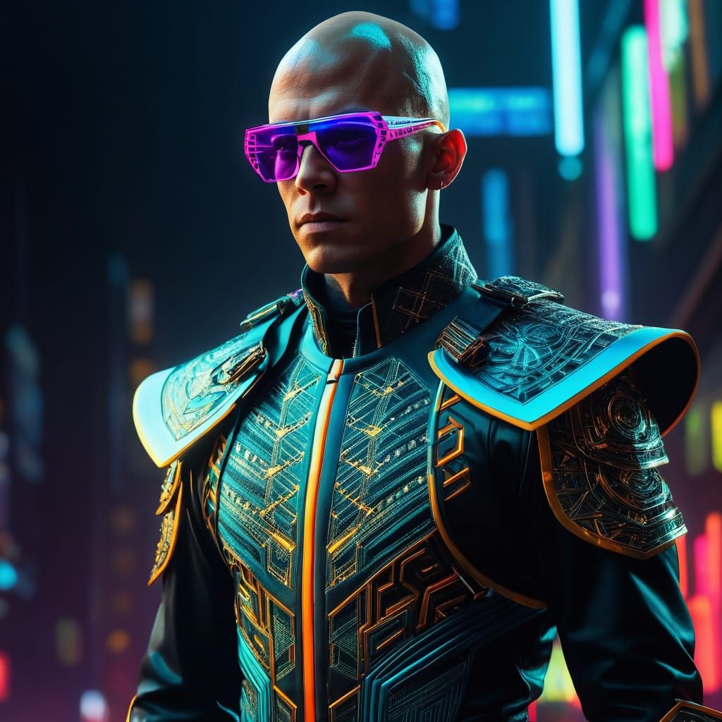 Cyberpunk Half-Elf Fighter in Triadic Colors