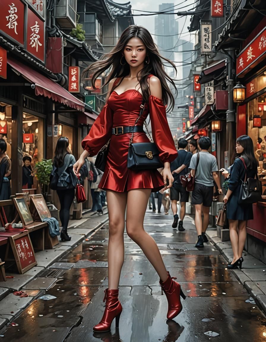 Japanese Girl in Red Satin Outfit on Busy Street
