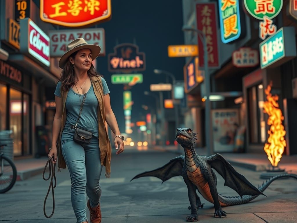 Woman Walks Dragon in Neon Cityscape