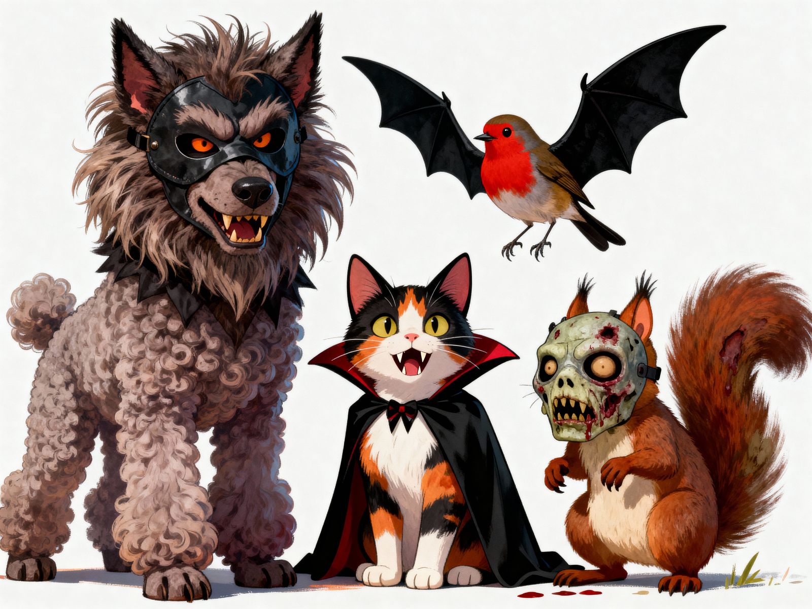 A group of animals in Halloween costumes, ready for trick or...