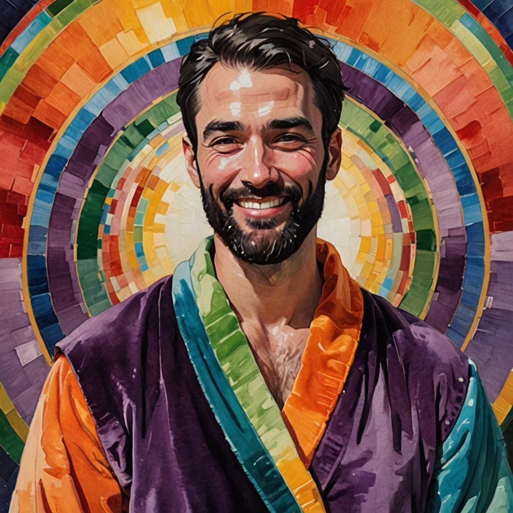 Rainbow Halo Man in Velvet Bathrobe, Impressionist Oil